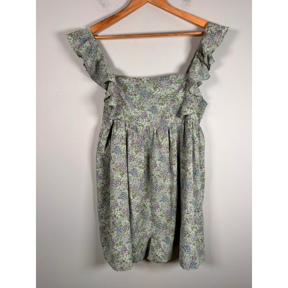 Storia Romper Womens Large Green Floral Ruffle Sleeve Babydoll SR3622